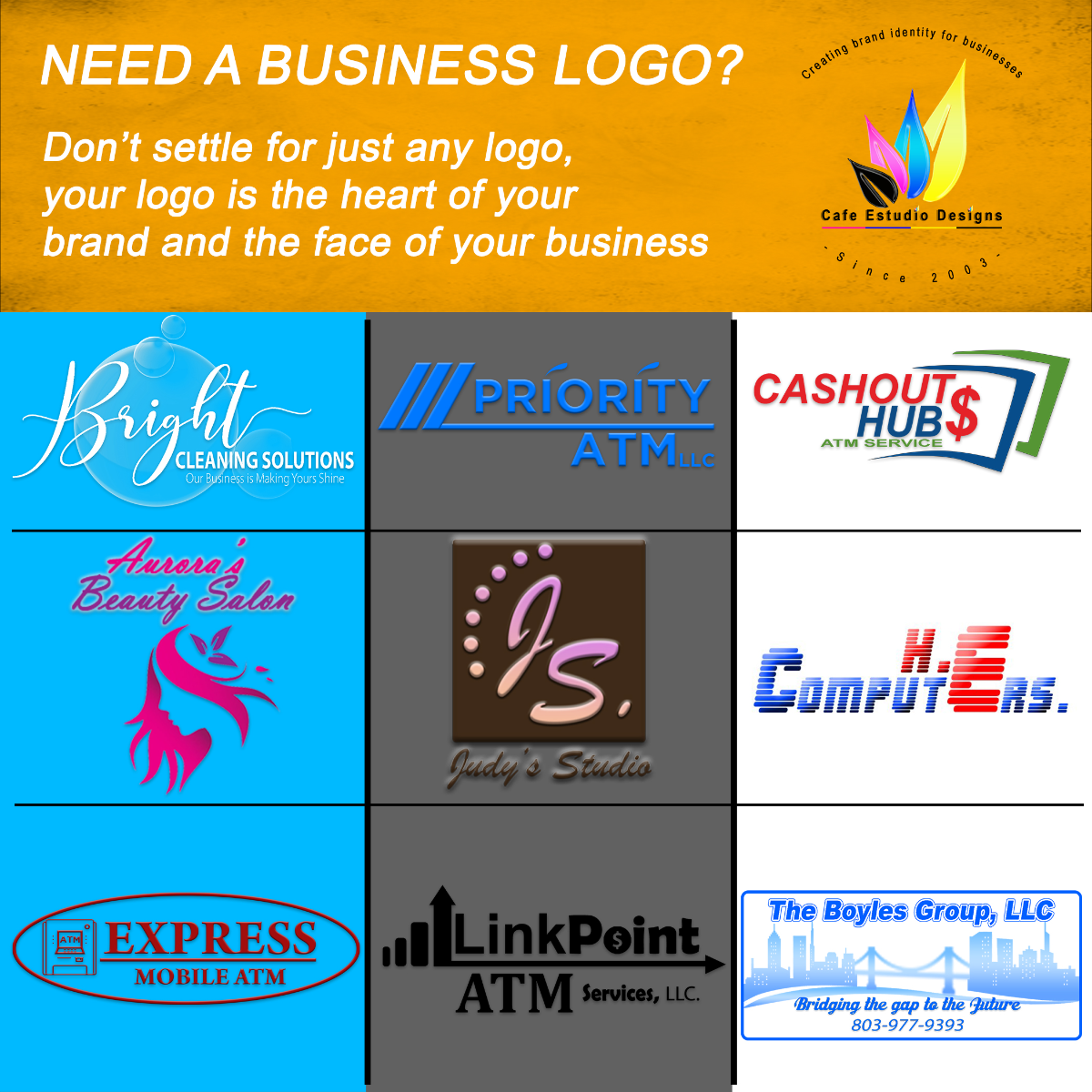 Selection of logos designed by Cafe Estudio Designs, including Bright Cleaning Solutions, Priority ATM, Cashout Hub, Aurora's Beauty Salon, Judy's Studio, K.E. Computers, Express Mobile ATM, LinkPoint ATM Services, and The Boyles Group.